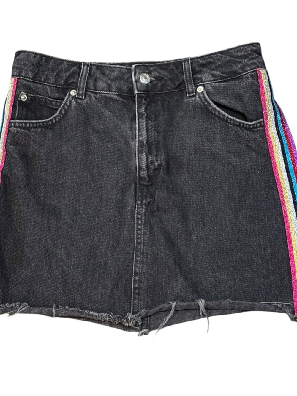 Topshop MOTO, Denim Mini Skirt Rainbow Glitter Stripe, Distressed  Jean, Size 6 - Picture 2 of 10
